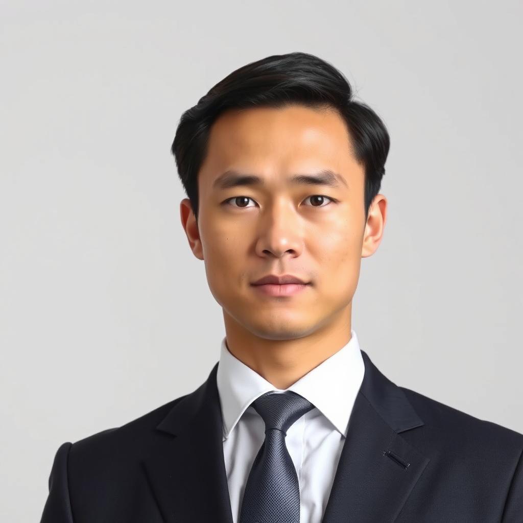 A formal passport photo featuring a person wearing a tailored suit