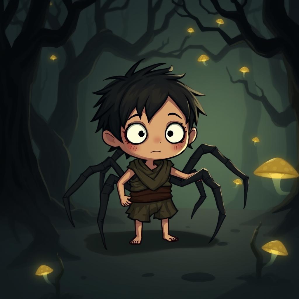 A cute, stylized character resembling Webber from the game Don't Starve, featuring a small boy with a spider-like appearance