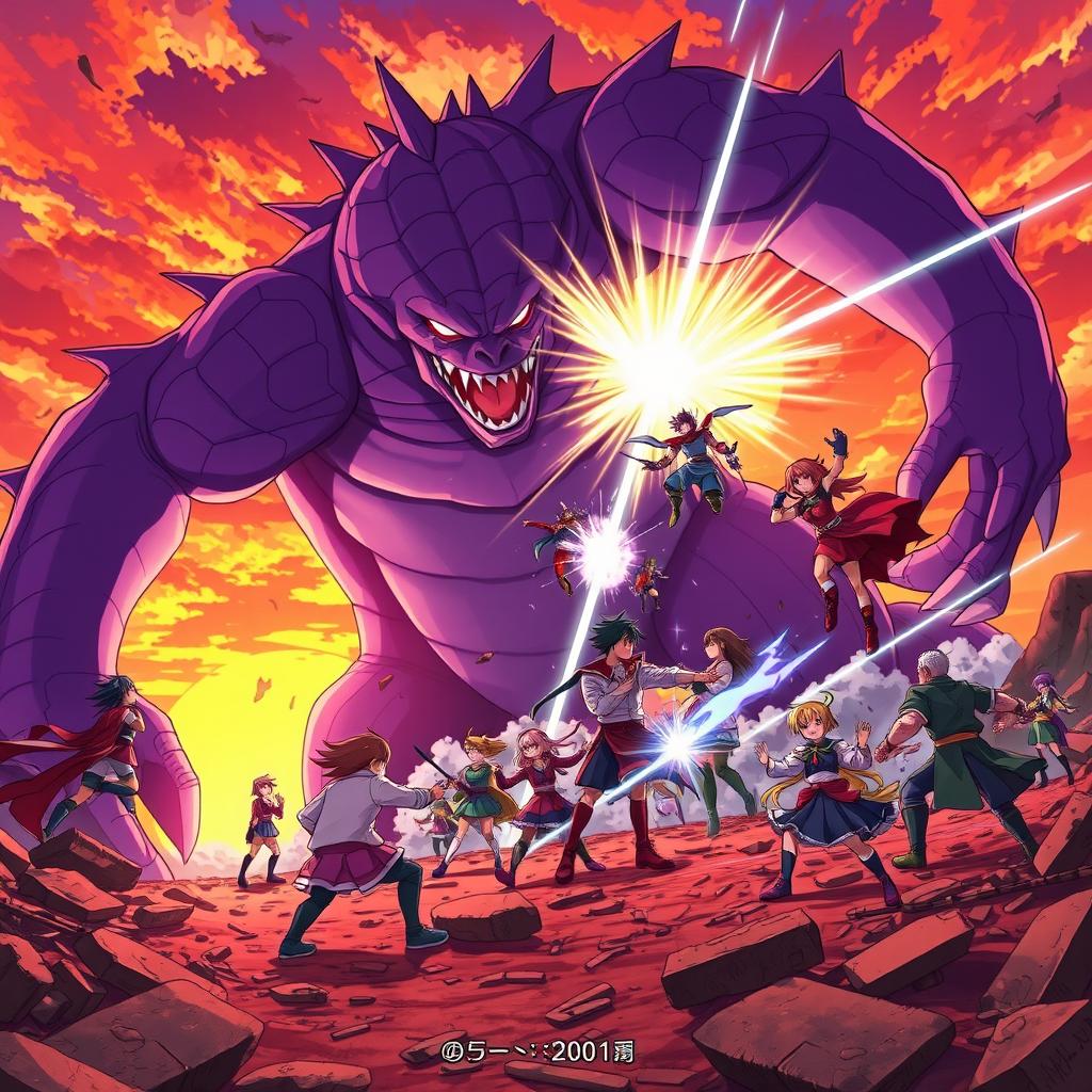 An epic anime scene capturing the moment when a gigantic purple monster is defeated by a group of heroic characters