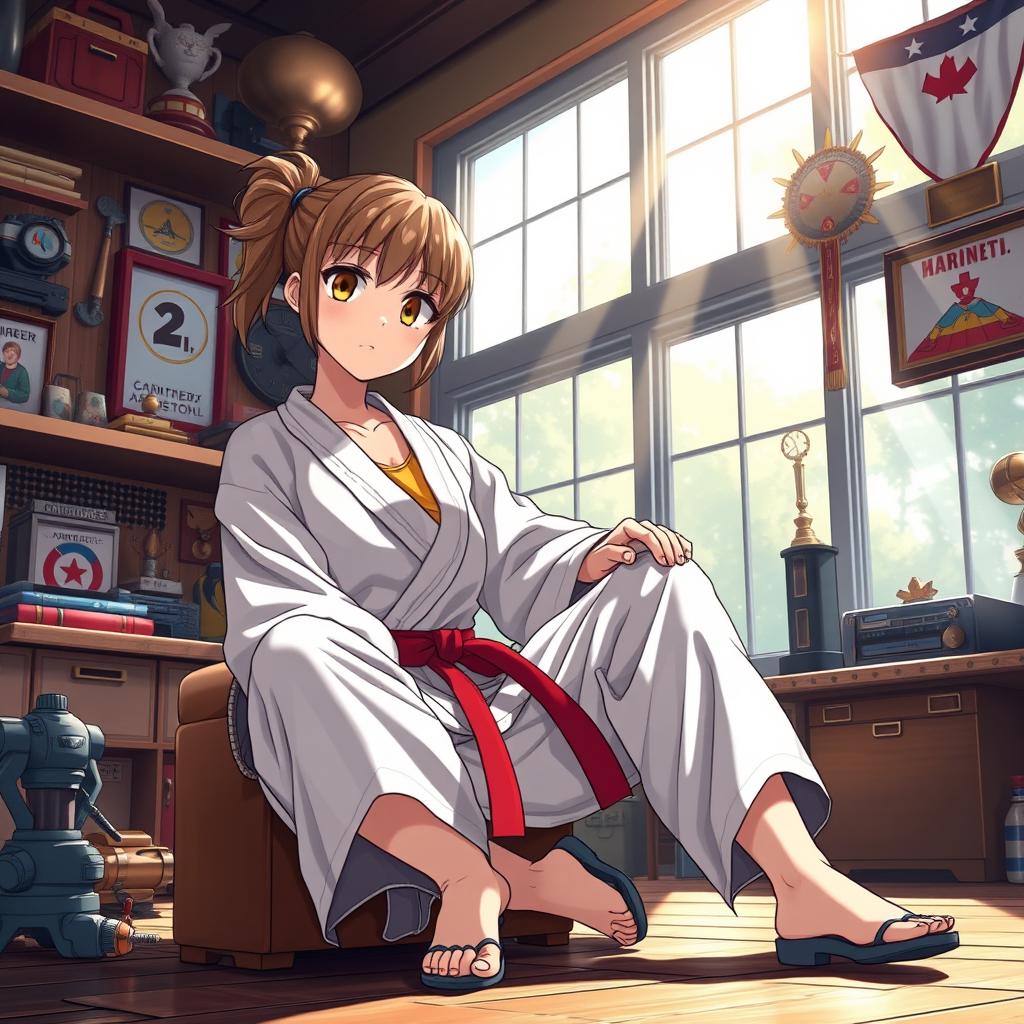 A captivating anime scene of a karate girl sitting down inside a superhero's house