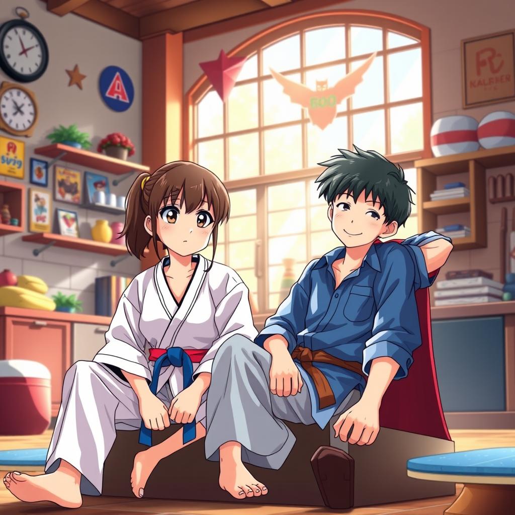 A charming anime scene featuring a karate girl sitting down in a superhero's house alongside a boy dressed in a blue shirt and light blue pants