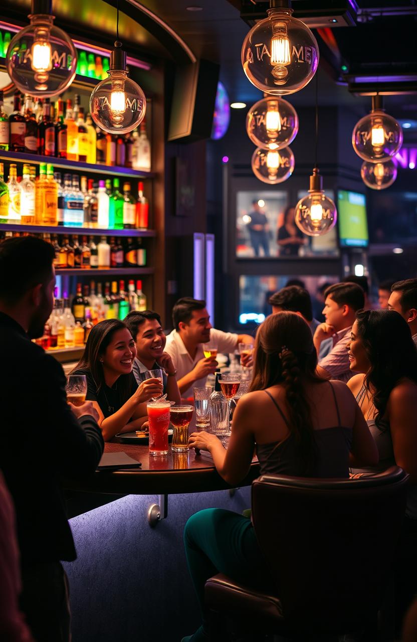 A vibrant and lively bar scene, showcasing a diverse group of patrons enjoying themselves with drinks in hand