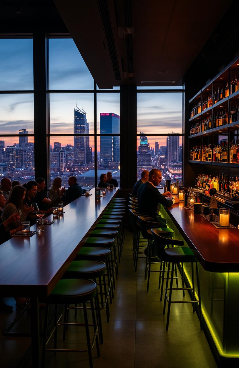 A modern and stylish bar interior with elegant decor, featuring a long wooden bar counter with high stools, ambient lighting creating a warm atmosphere, shelves stocked with various premium liquor bottles, cocktails being prepared by a skilled bartender, people enjoying their drinks, soft jazz music playing in the background, and large windows showcasing a vibrant cityscape outside at dusk