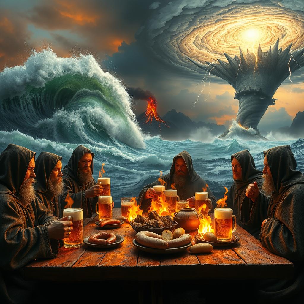 In the foreground, a group of priests wearing tattered, ash-covered robes is seated at burning wooden tables, drinking frothy beer from steins while flames engage the edges of their feast