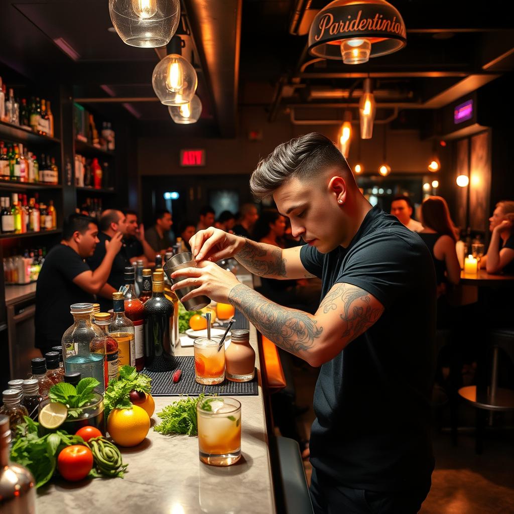 A trendy bar scene showcasing a mixologist expertly crafting unique cocktails