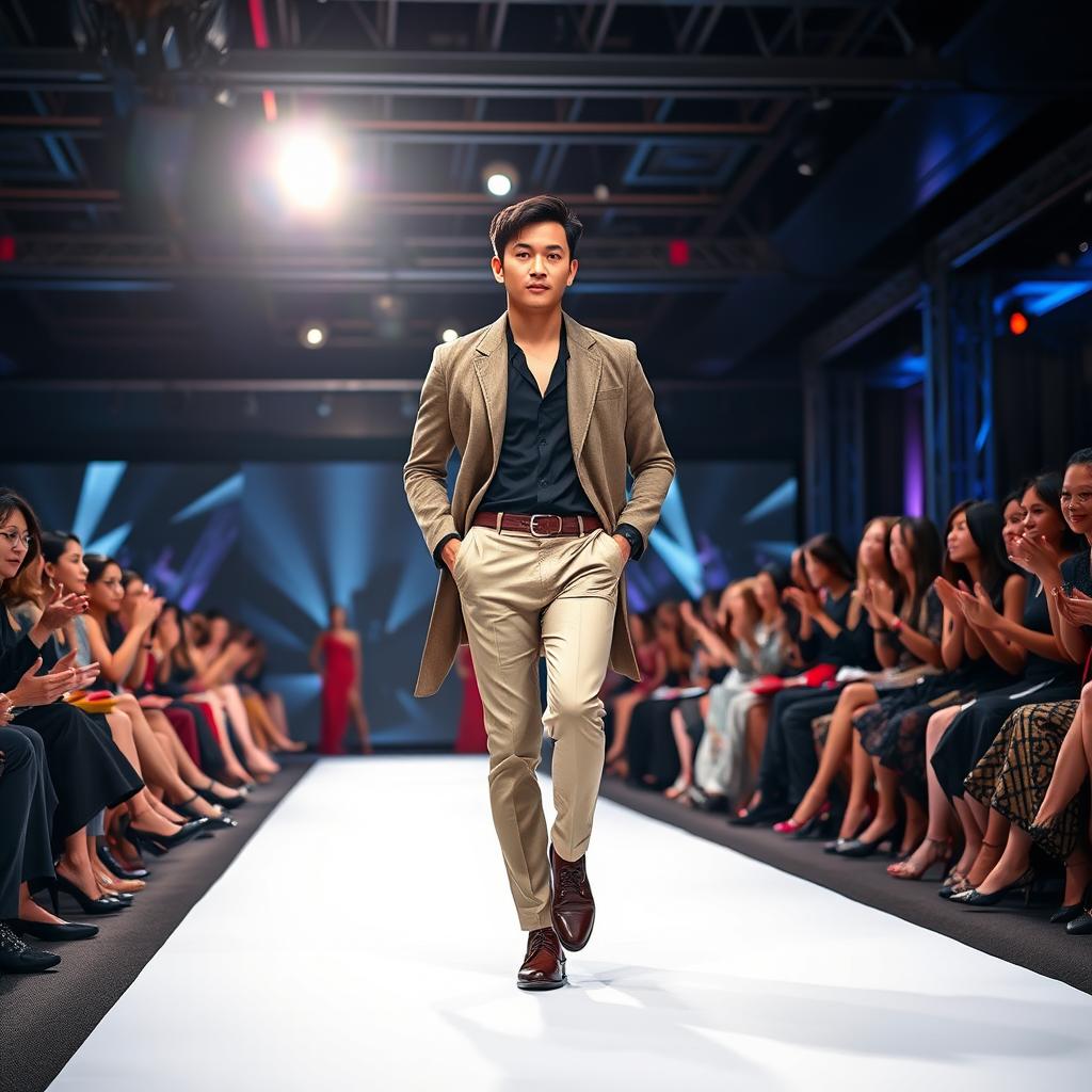 A handsome Chinese man confidently modeling on a stylish runway, showcasing a high-fashion outfit