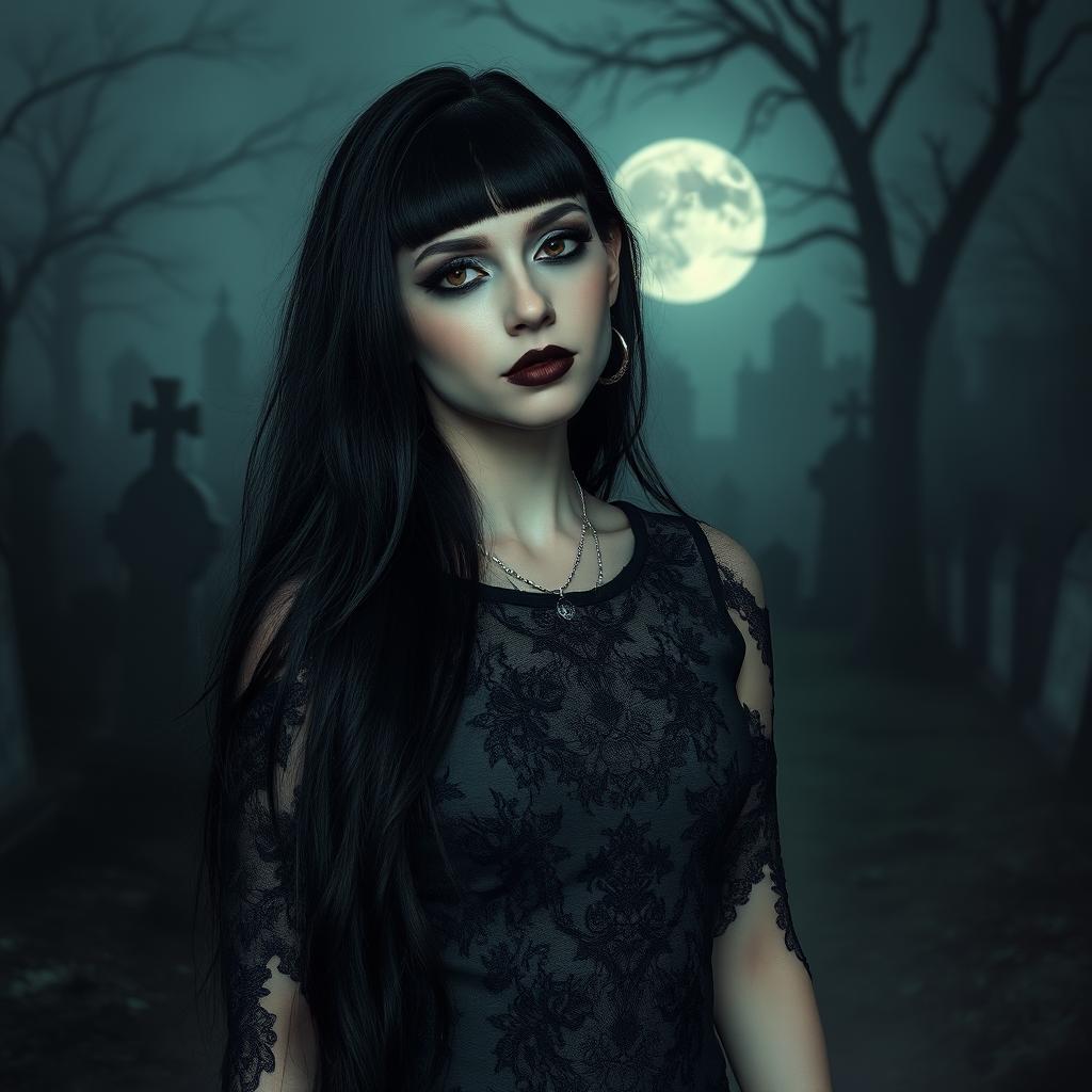 A stylish goth girl with long black hair and dark makeup, wearing a black lace dress with intricate details