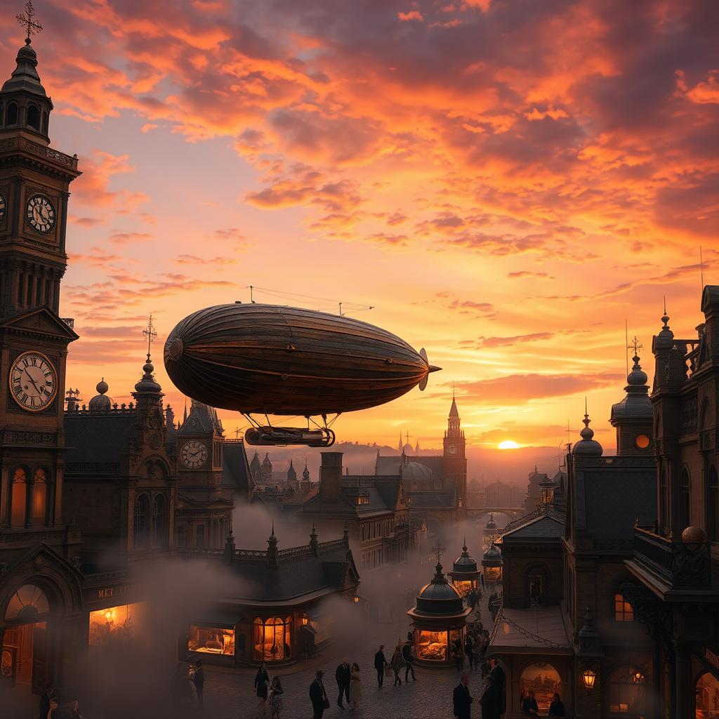 A captivating steampunk cityscape at dusk, featuring intricate clock towers and brass-finished buildings adorned with gears and steam pipes