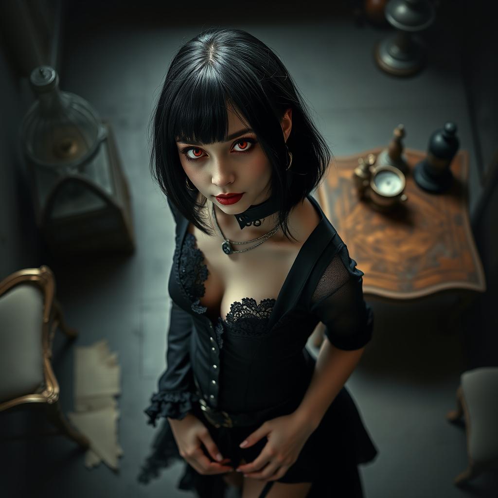 A goth girl with striking black hair and deep red eyes, depicted in a full body pose from a top-down view
