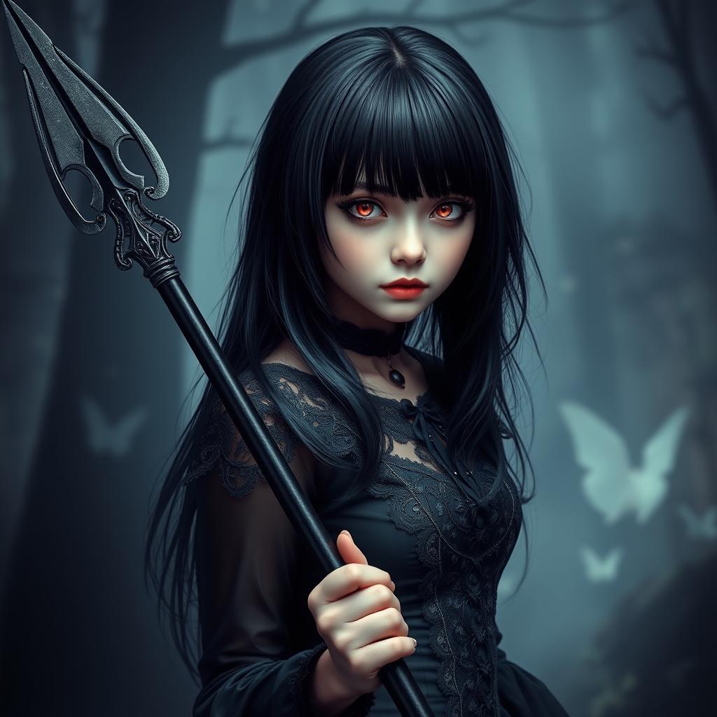 A full body portrait of a goth girl with striking black hair and vibrant red eyes