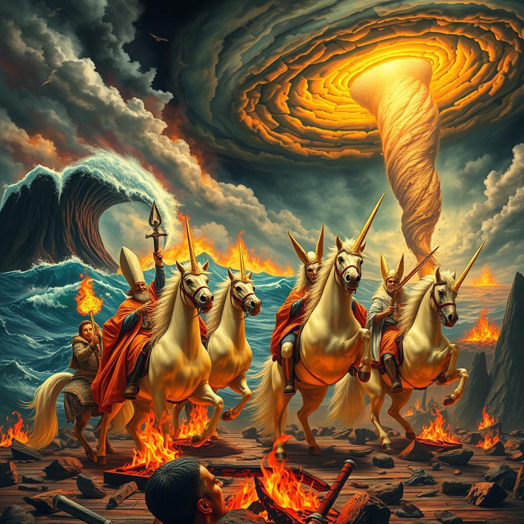A surreal apocalyptic scene featuring priests riding majestic, glowing unicorns, while joyfully drinking beer and eating sausages on a burning terrace