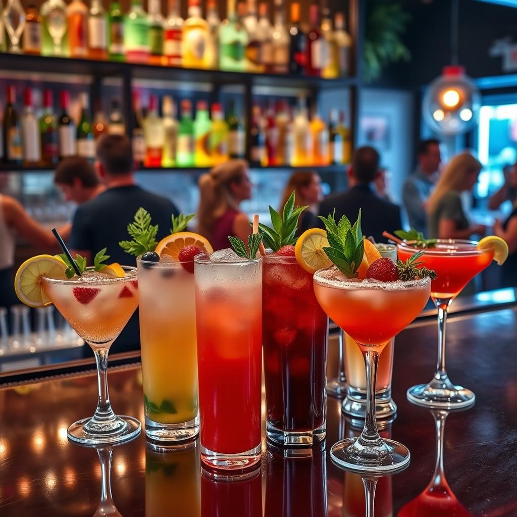 An artistic display of vibrant and colorful cocktails arranged on a polished bar counter