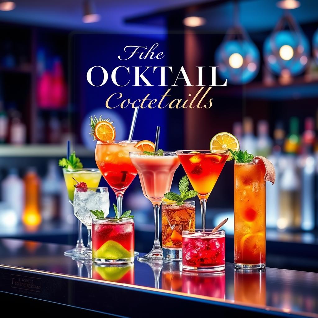 A stylish and eye-catching book cover design featuring an array of colorful and artistic cocktails displayed on a sleek bar counter