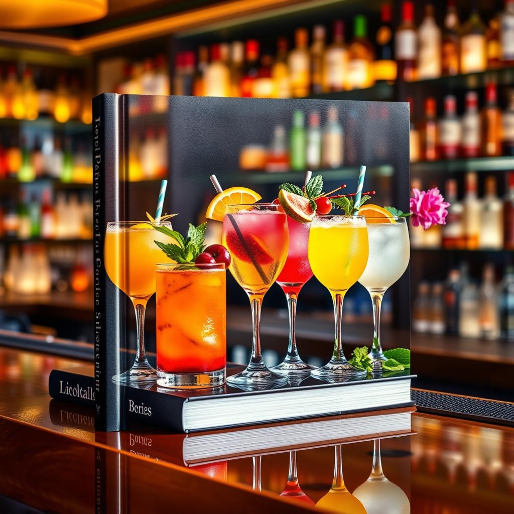 A stylish and visually captivating book cover design featuring an elaborate arrangement of colorful cocktails on a polished bar counter
