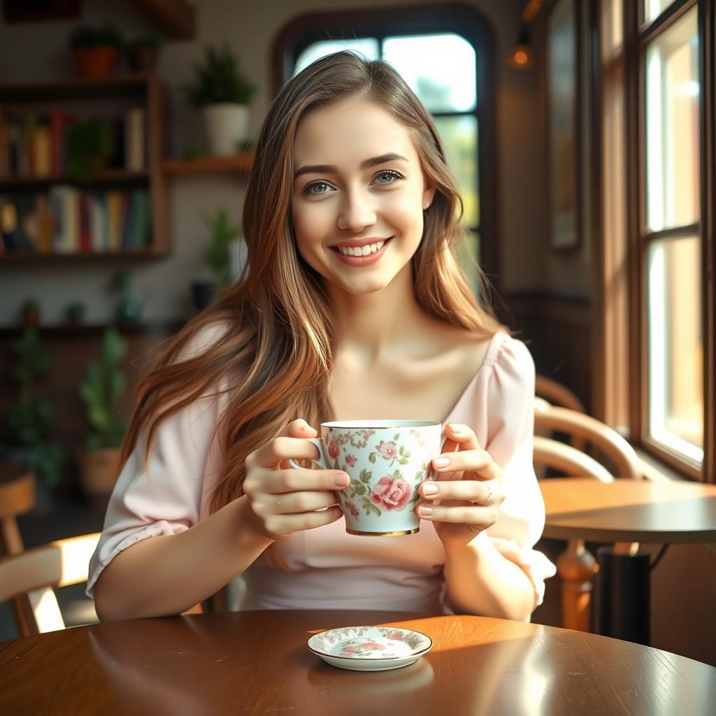 A beautiful young woman with long, flowing brunette hair, sitting at a cozy wooden table in a quaint café
