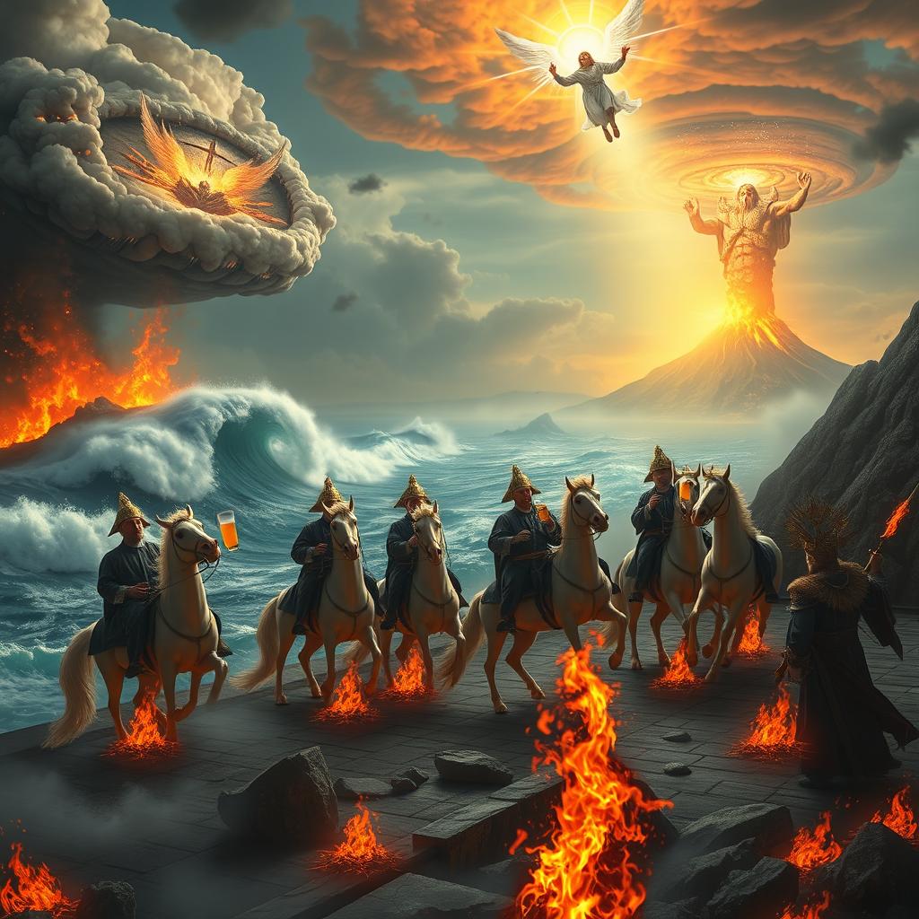 A surreal apocalyptic scene featuring six priests riding majestic, glowing unicorns, joyfully drinking beer and eating sausages on a burning terrace