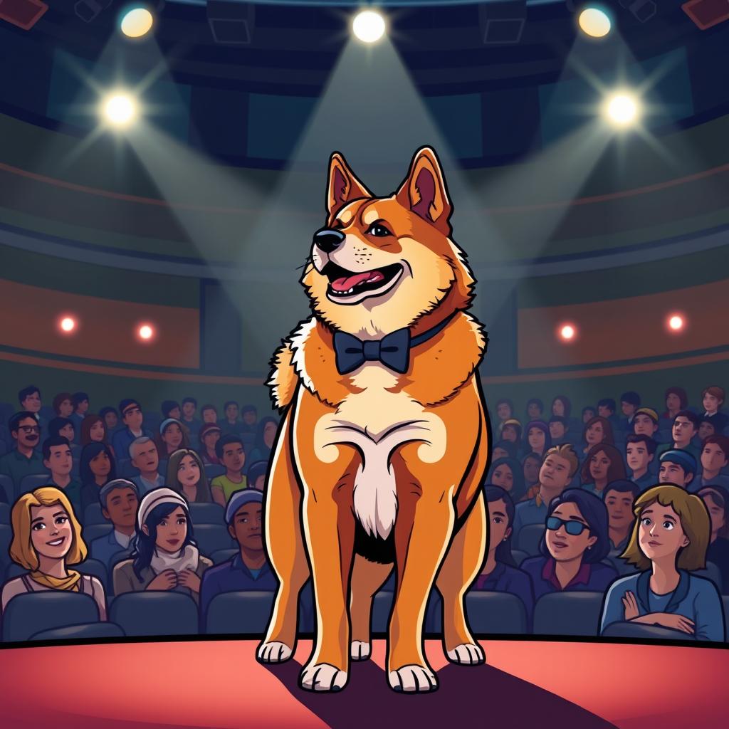 A majestic Akita dog standing confidently on a stage, portrayed as a wise and inspiring mentor