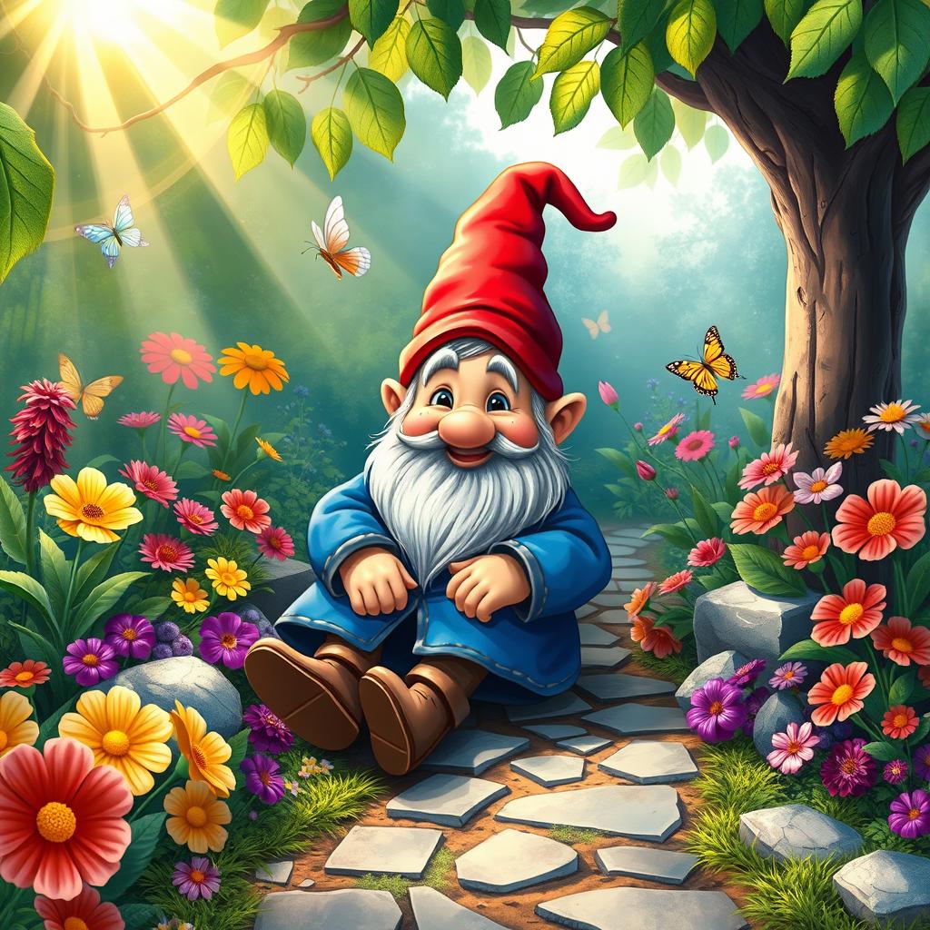A whimsical and colorful scene depicting a friendly and charming gnome character, known as an autognomo, comfortably seated in a lush garden setting