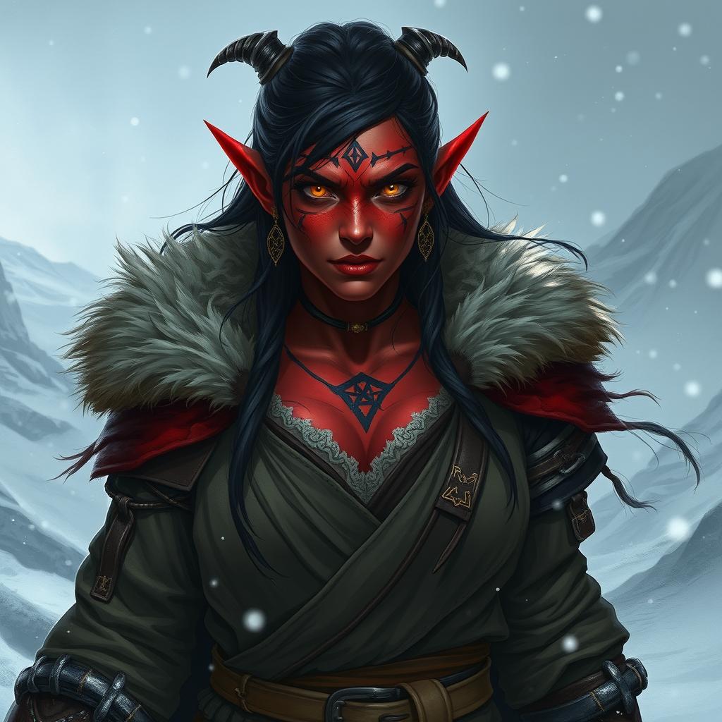 A female tiefling mage with striking red skin, her body intricately adorned with spell sigil tattoos that glow faintly in the dim light