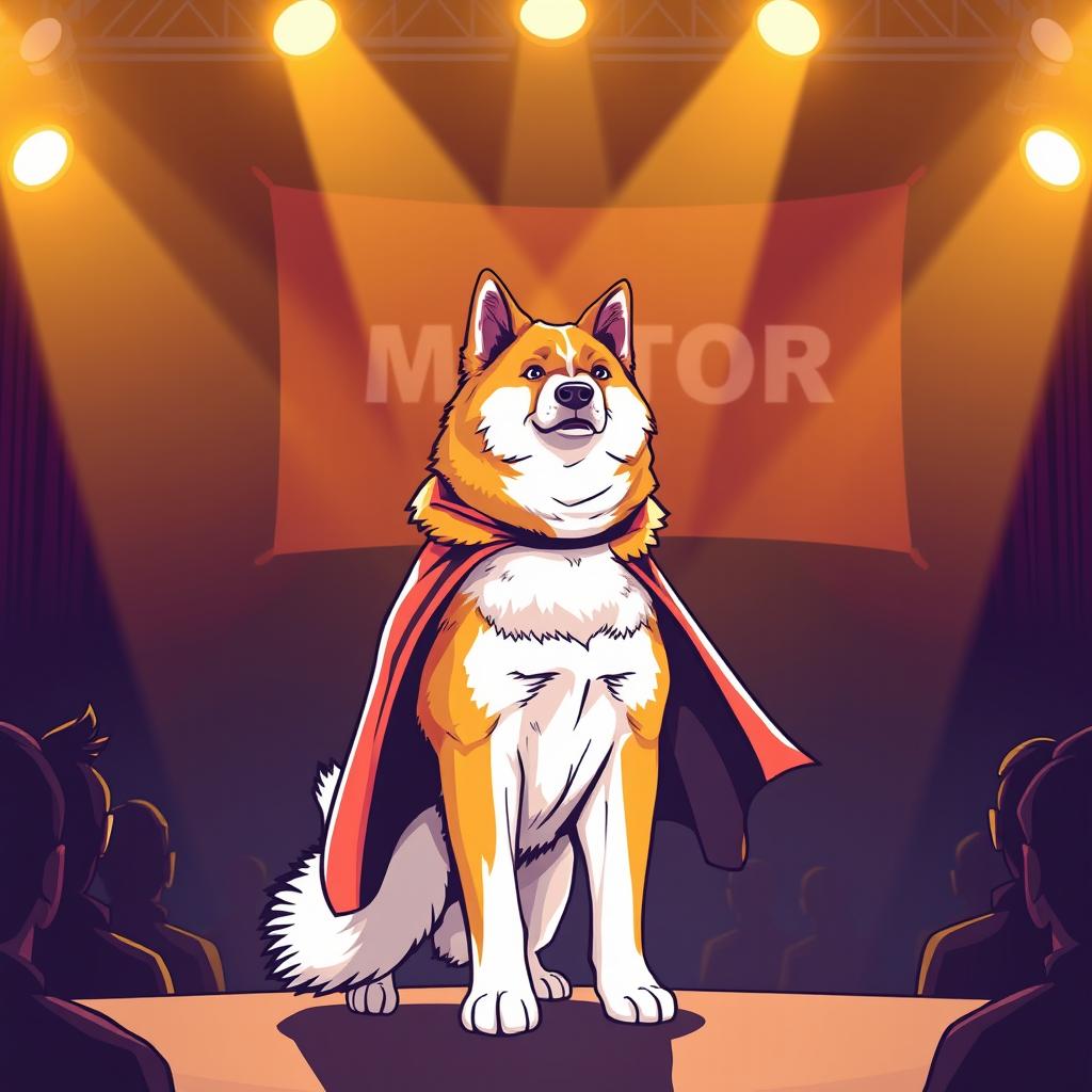A majestic Akita dog standing confidently on a stage, adorned with a mentor's cape, looking wise and dignified