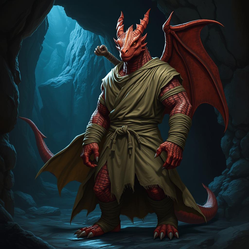 A powerful dragonborn character with striking crimson scales, standing boldly in a dark, cold cave