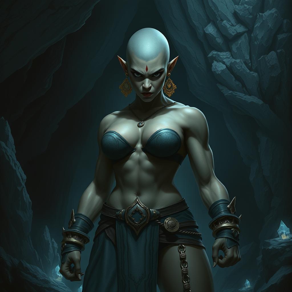 A fierce female half-orc standing confidently in a dark, cold cave
