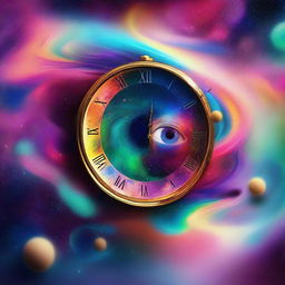 Generate an image resembling a surreal dreamscape with a floating clock and large disembodied eye under a colourful, swirling galaxy.