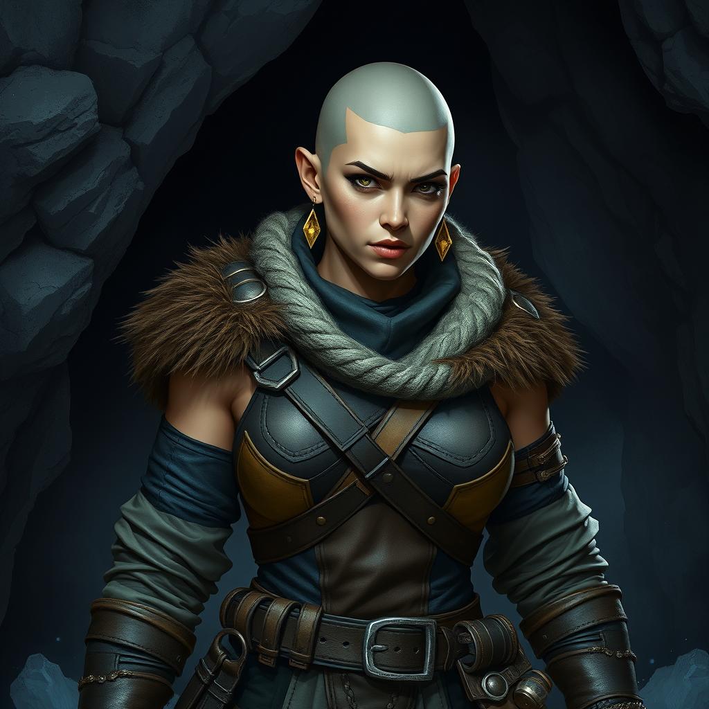 A fierce female half-orc fighter standing assertively in a dark, cold cave