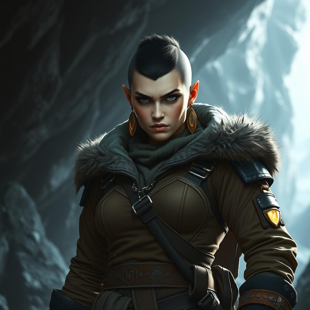 A fierce female half-orc fighter standing assertively in a dark, cold cave