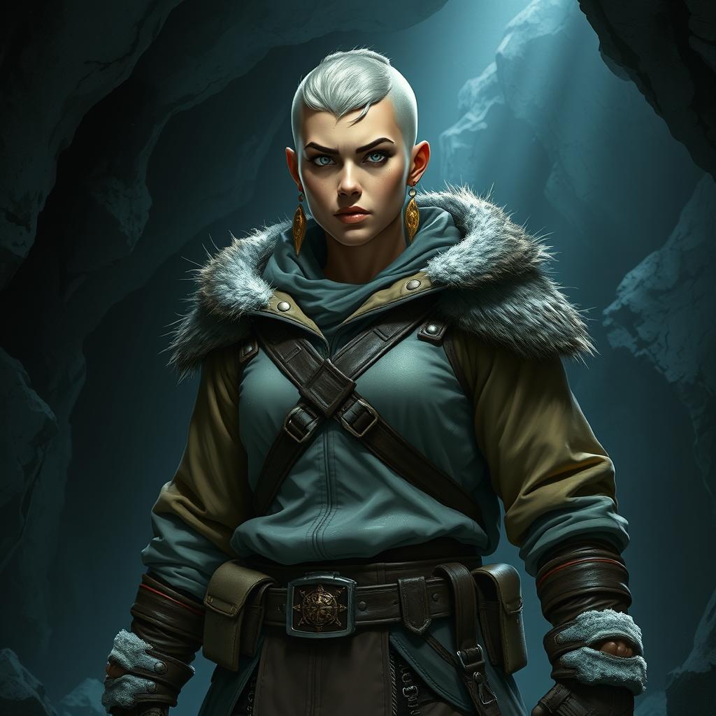 A strong female half-orc fighter standing resolutely in a dark, cold cave