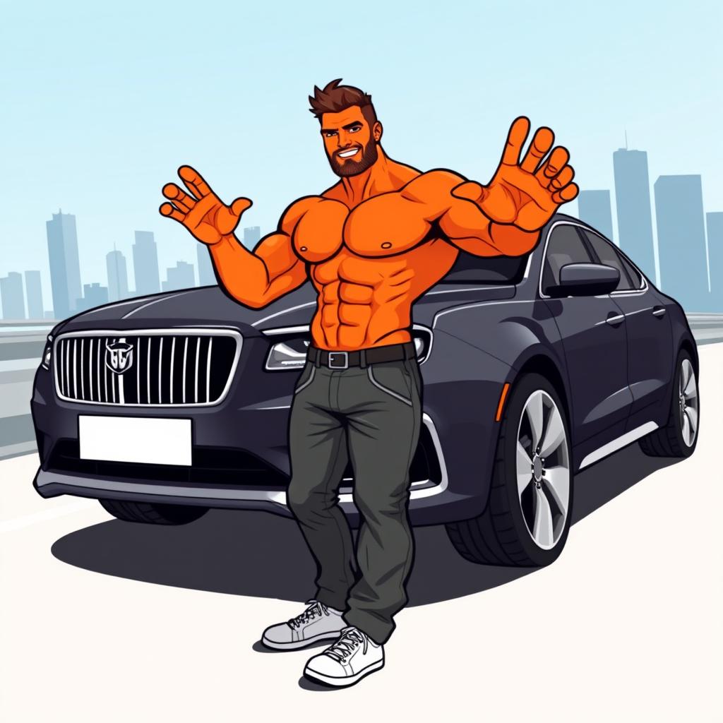 A man with vibrant orange skin, showcasing an exaggerated muscular physique, confidently stopping a sleek, shiny car with one hand