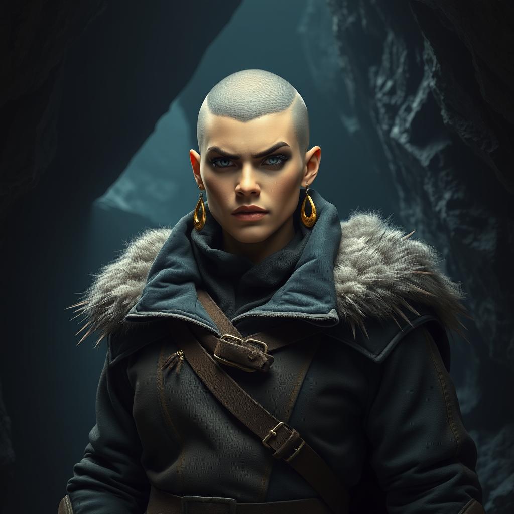 A strong female half-orc standing confidently in a dark, cold cave