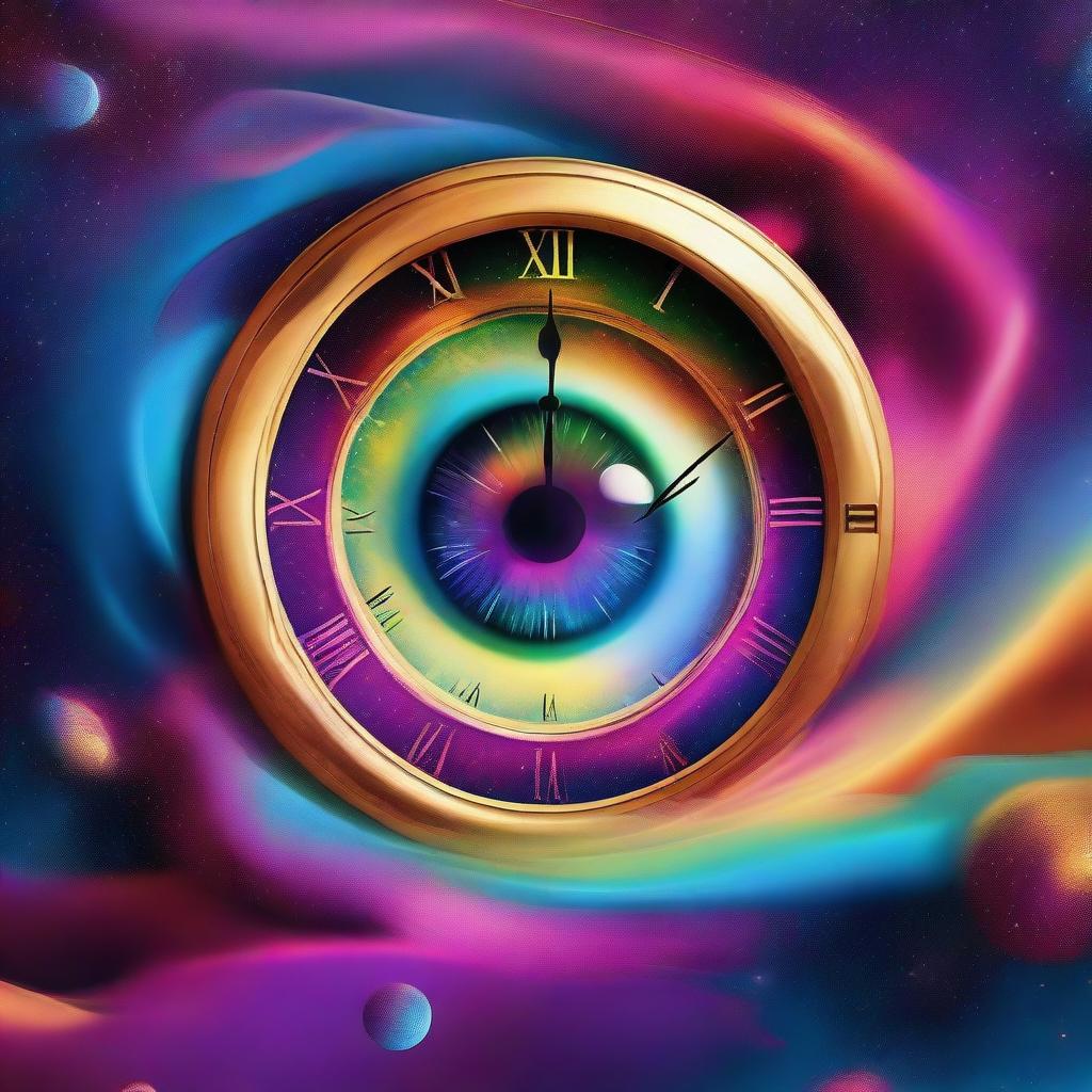 Generate an image resembling a surreal dreamscape with a floating clock and large disembodied eye under a colourful, swirling galaxy.