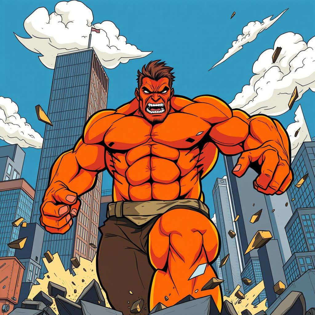 A giant man with bright orange skin rampaging through a city, depicted in a bold vector art style