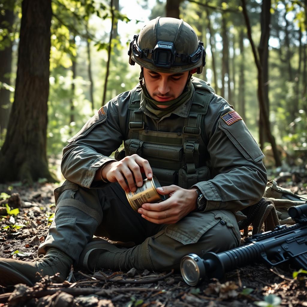 A soldier in full military gear sitting on the ground, focused on opening a can of food