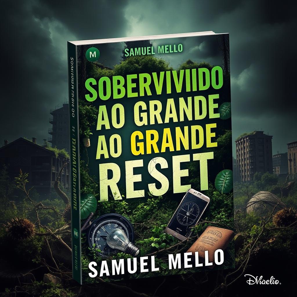 A striking ebook cover for the title 'Sobrevivendo ao Grande Reset: Guia Completo para Viver Sem Energia, Internet e Sistema Financeiro' by Samuel Mello