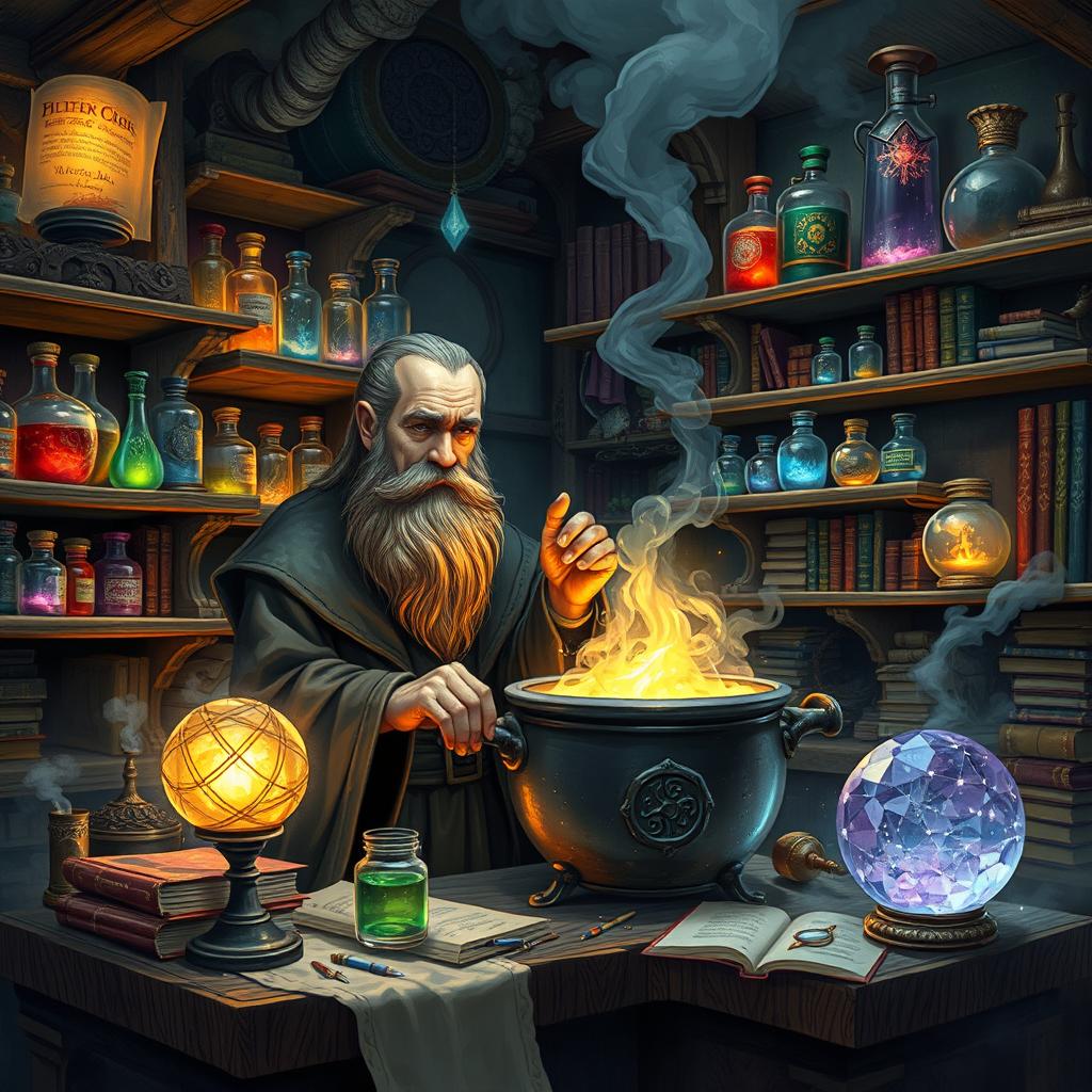 An alchemist in a mystical laboratory, filled with colorful potions and ancient books