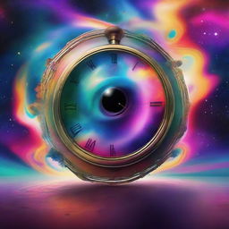 Generate an image resembling a surreal dreamscape with a floating clock and large disembodied eye under a colourful, swirling galaxy.