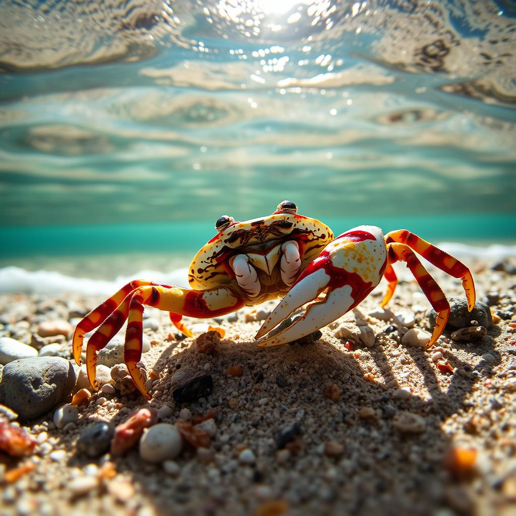 A close-up of a unique one-clawed crab, showcasing its vibrant colors and intricate patterns