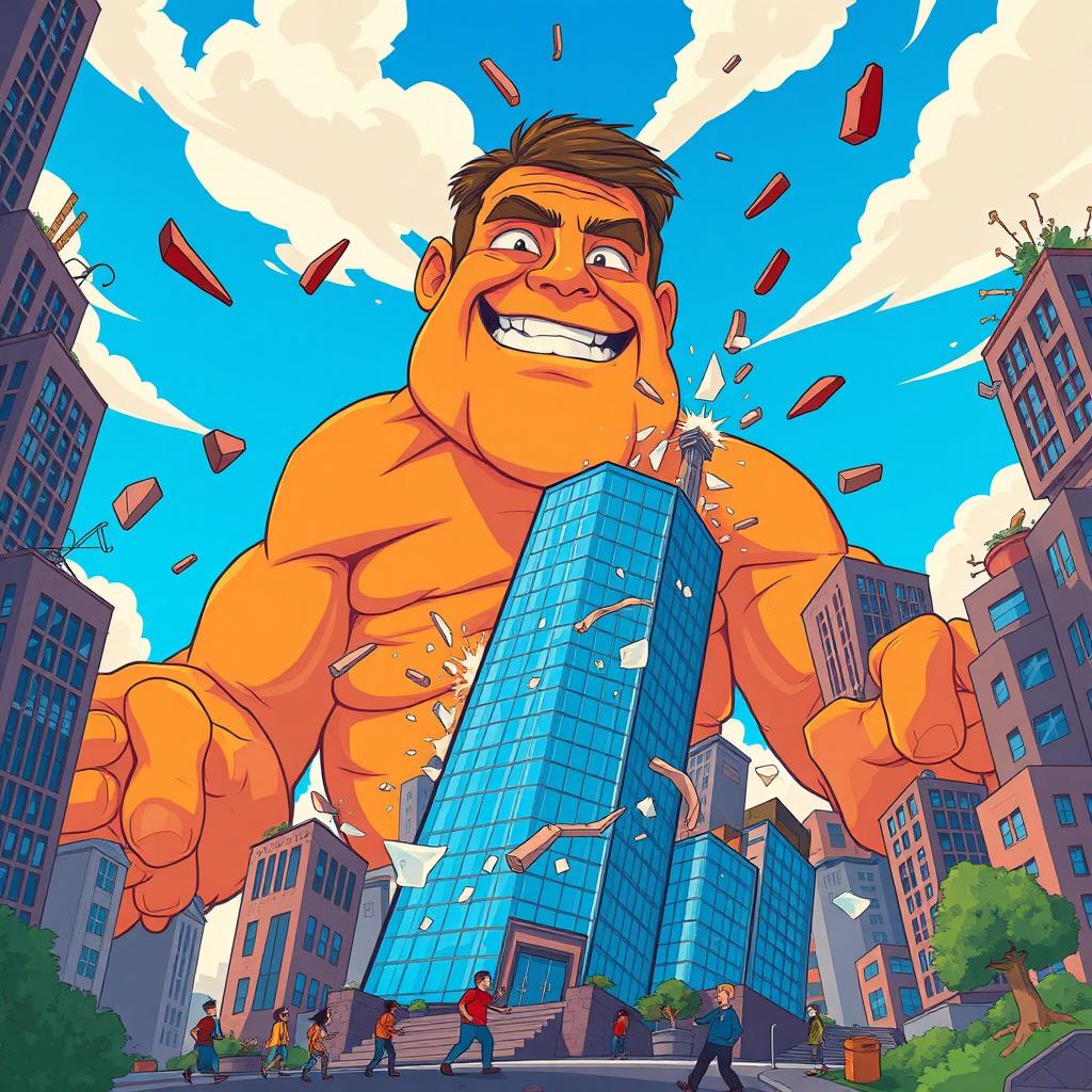 A giant man with soft orange skin, towering over city buildings as he playfully destroys them in a cartoonish vector style