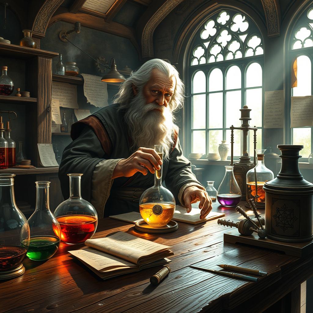 A highly detailed and realistic portrayal of an alchemist in a bustling laboratory