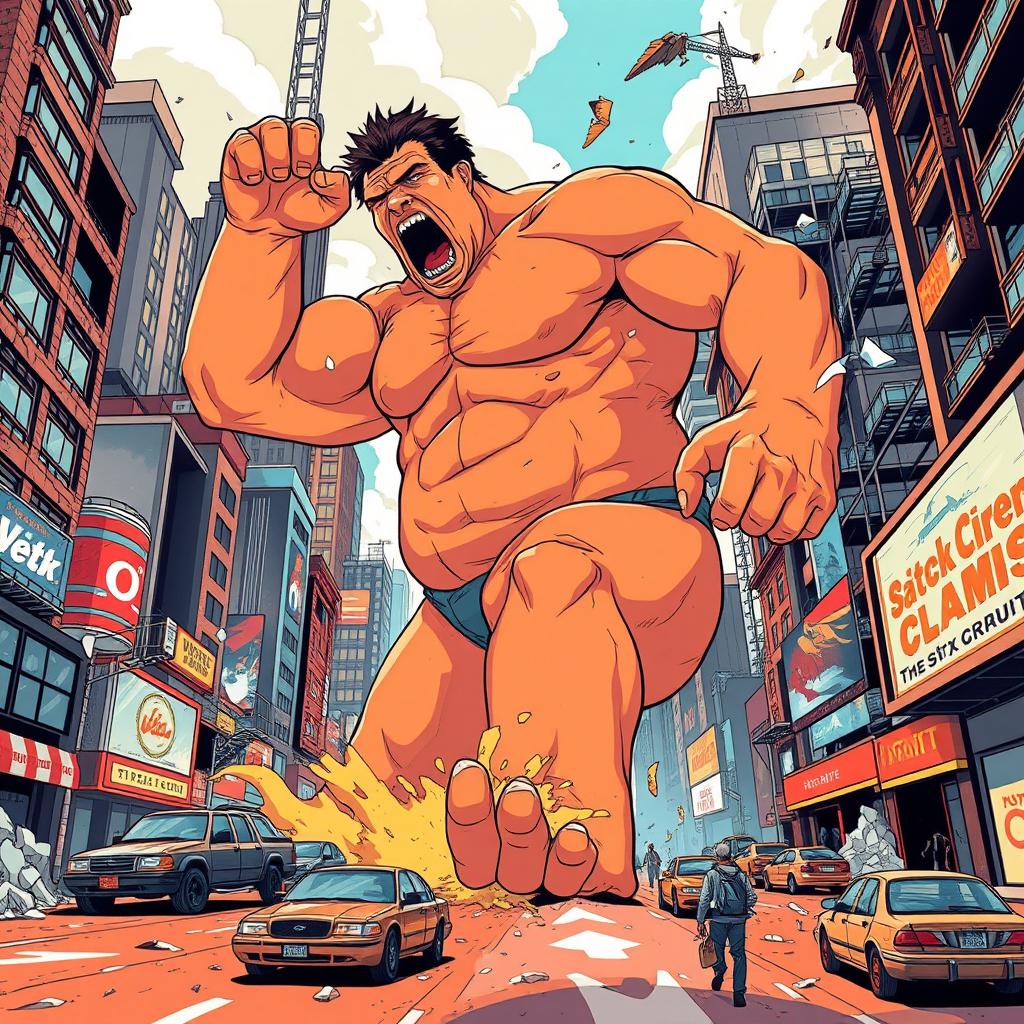 A towering giant man with soft orange skin color rampaging through a vibrant cityscape, showcasing dynamic destruction of buildings and infrastructure in a stylized vector art approach