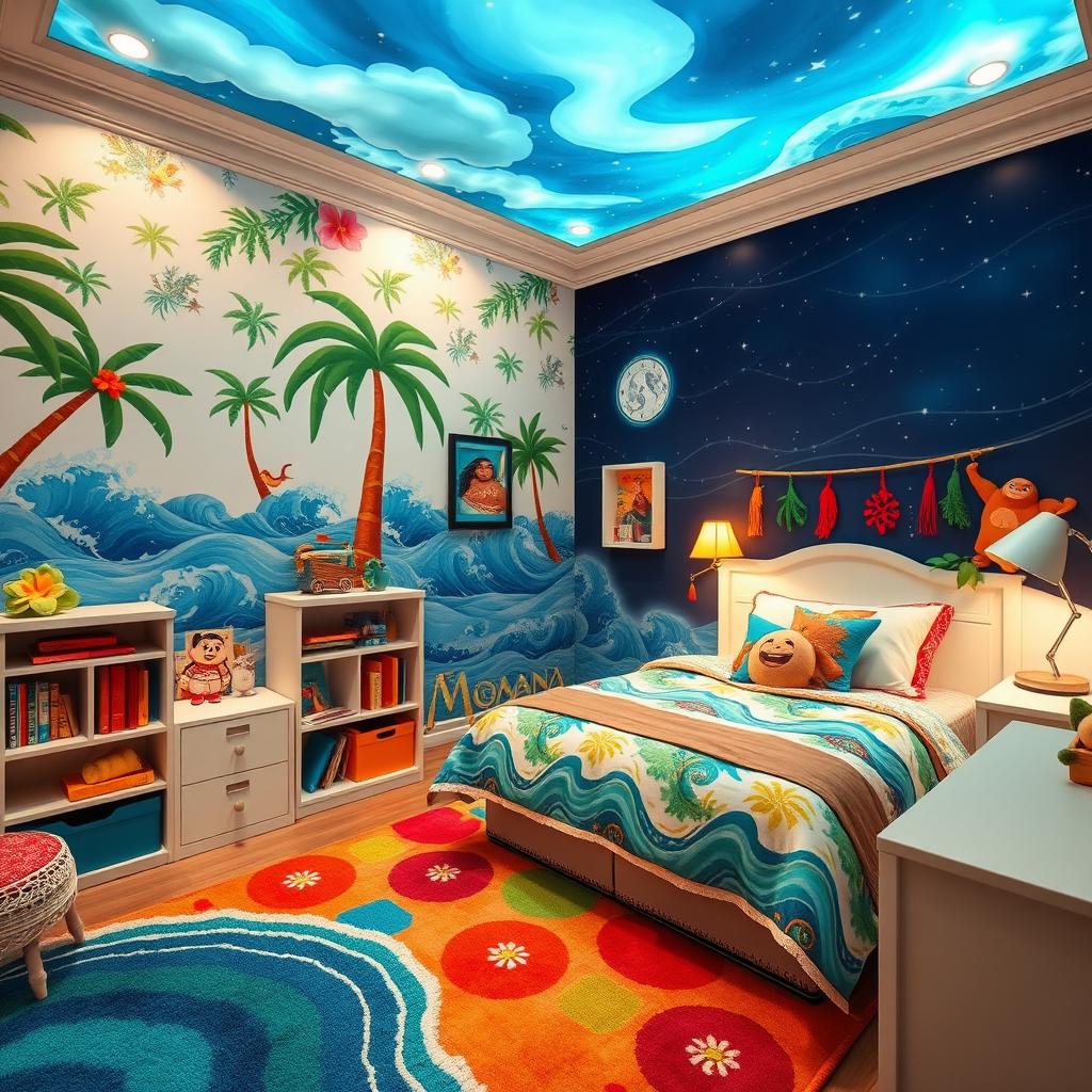 A beautifully decorated children's bedroom themed around the character Moana from Disney