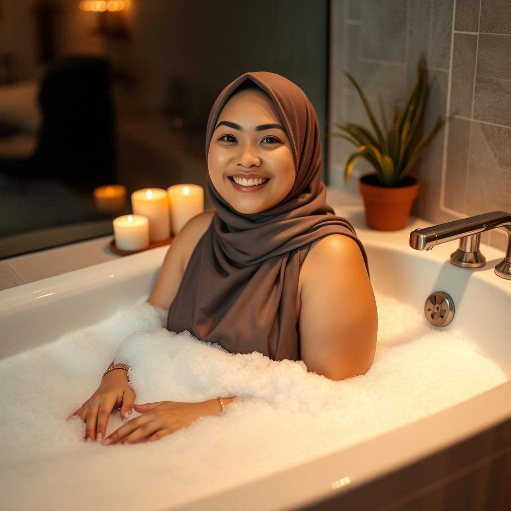 A beautiful chubby Asian girl wearing a stylish hijab, comfortably relaxing in a luxurious bathtub filled with bubbles