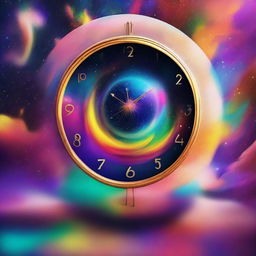 Generate an image resembling a surreal dreamscape with a floating clock and large disembodied eye under a colourful, swirling galaxy.