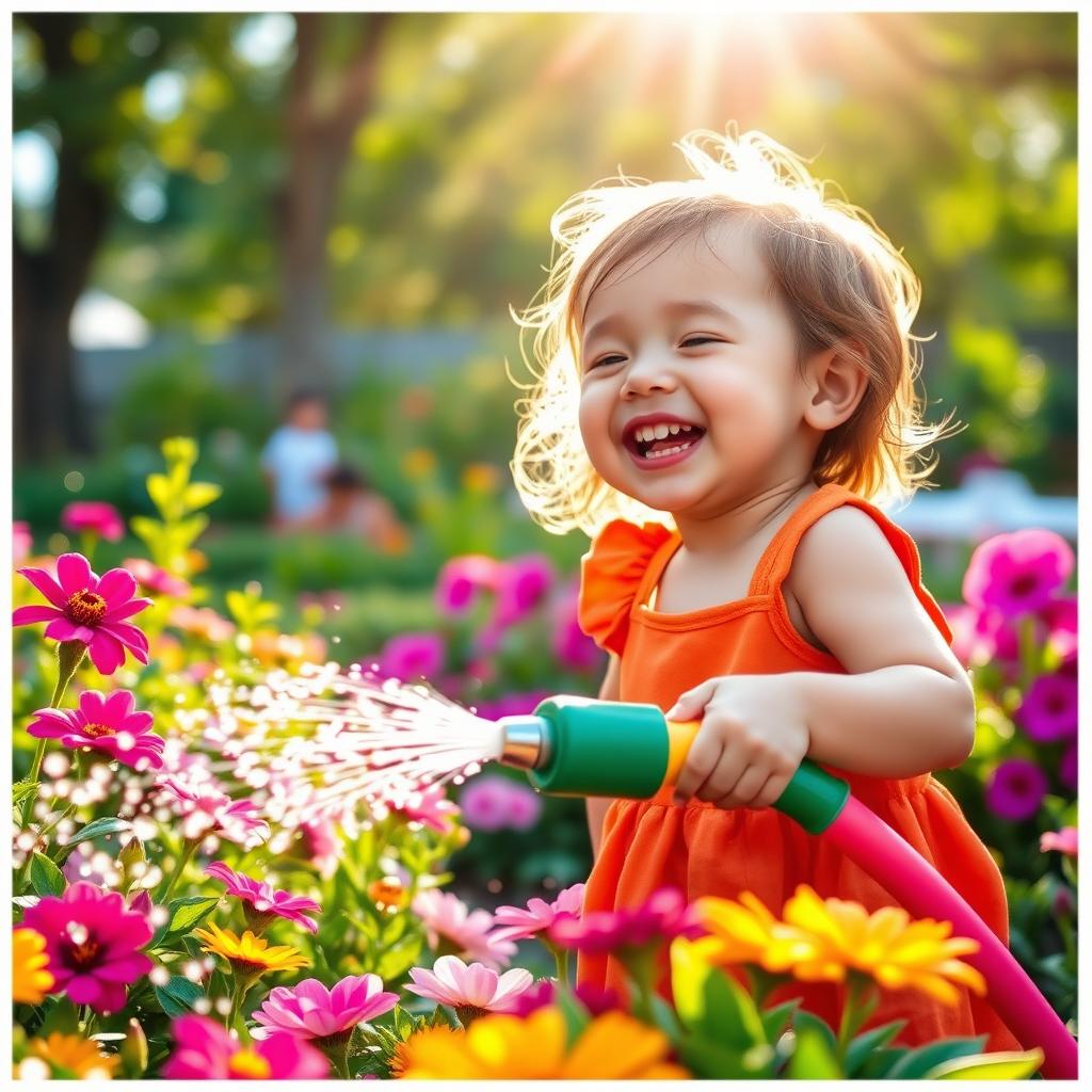 A cheerful young child watering a vibrant garden using a colorful garden hose