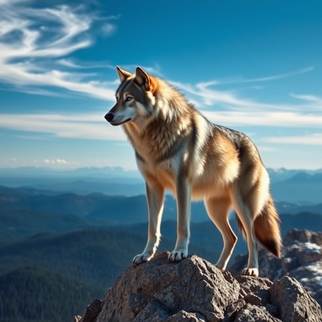 A majestic alpha wolf standing proudly at the peak of a rocky mountain summit, overlooking a vast expanse of wilderness