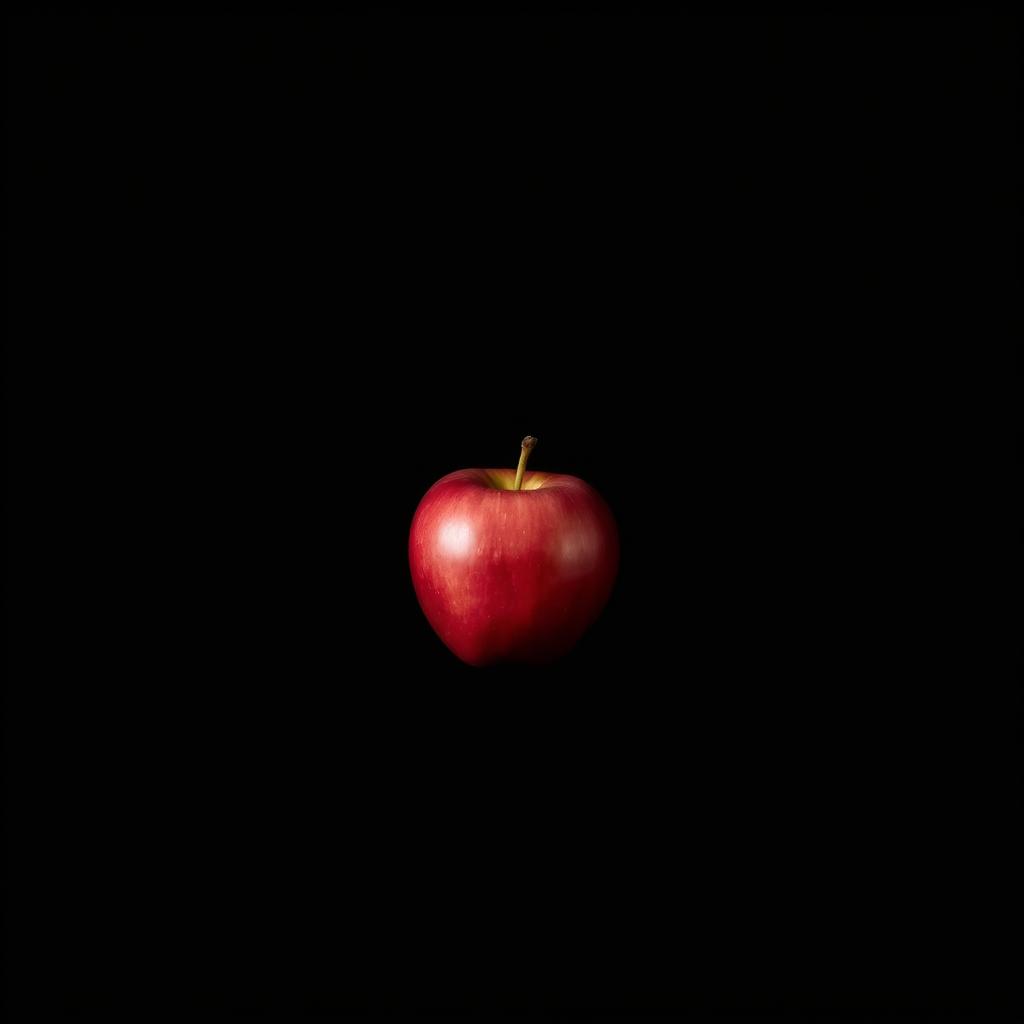 A single, shiny red apple centered in the image, its surface reflecting light beautifully