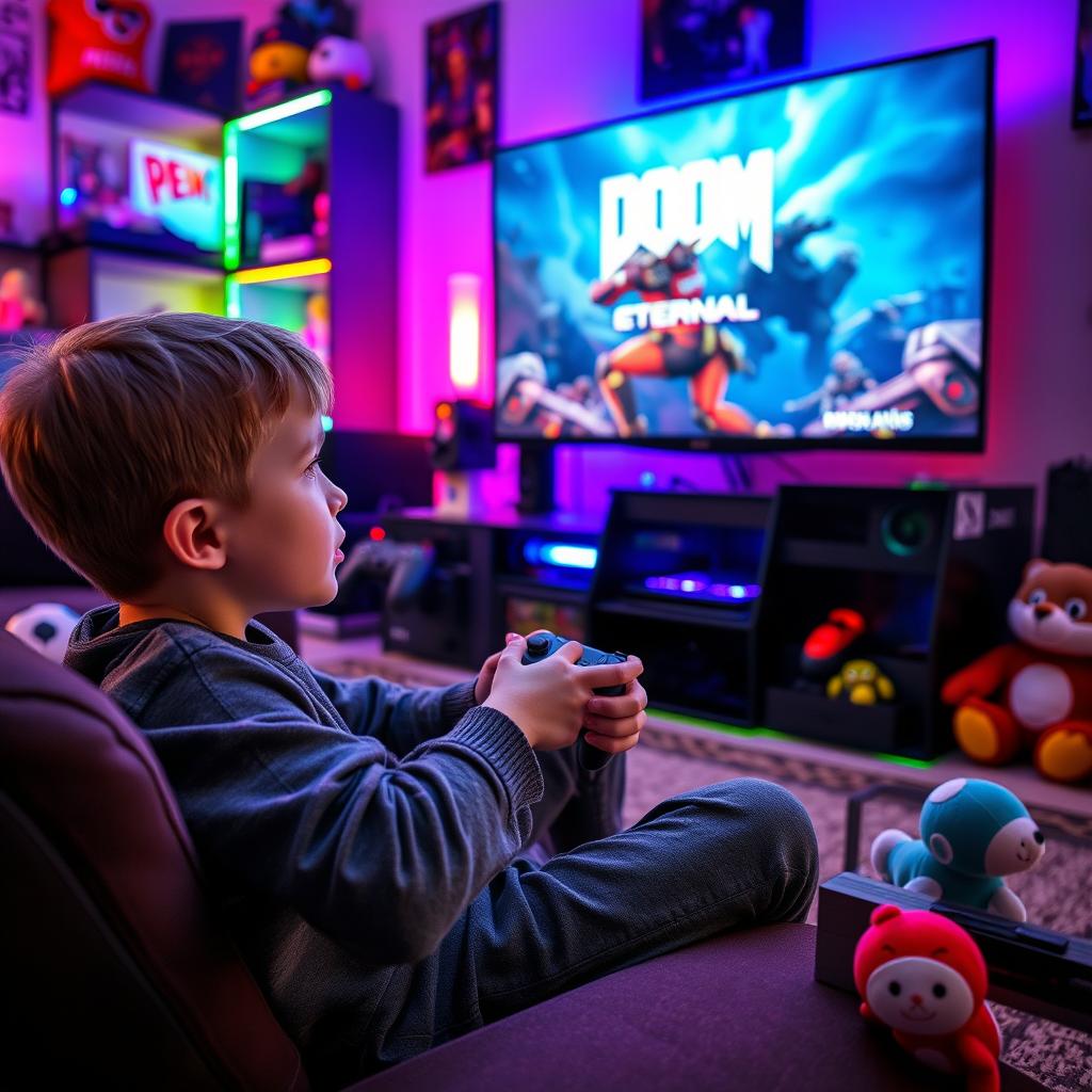 A young boy intensely playing Doom Eternal on a gaming console, seated in a cozy living room filled with video game memorabilia