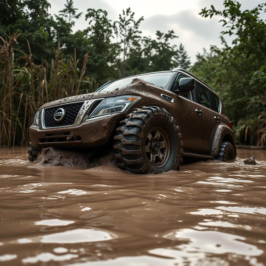 A powerful Nissan Patrol SUV stuck in a muddy swamp, with thick, dark mud splattered along its sides